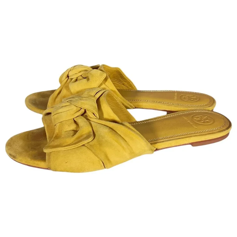 Tory Burch Annabelle Bow Slides Flats Sandals Yellow Suede Womens 8